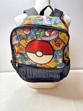 Pokemon Backpack w/ Poke Ball front, Black, Spellout all-over print